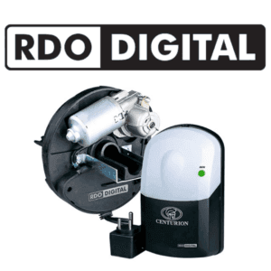 Centurion RD0 Digital Garage Door Motor features a sleek design mounted on a garage ceiling. The motor unit is compact and modern, with LED courtesy lights and a 7-segment display visible.