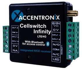Accentronix Infinity Cell-Switch LTE/4G access control unit with antenna and cloud link receiver, featured for smart estate gate automation and electric fence integration in Cape Town.