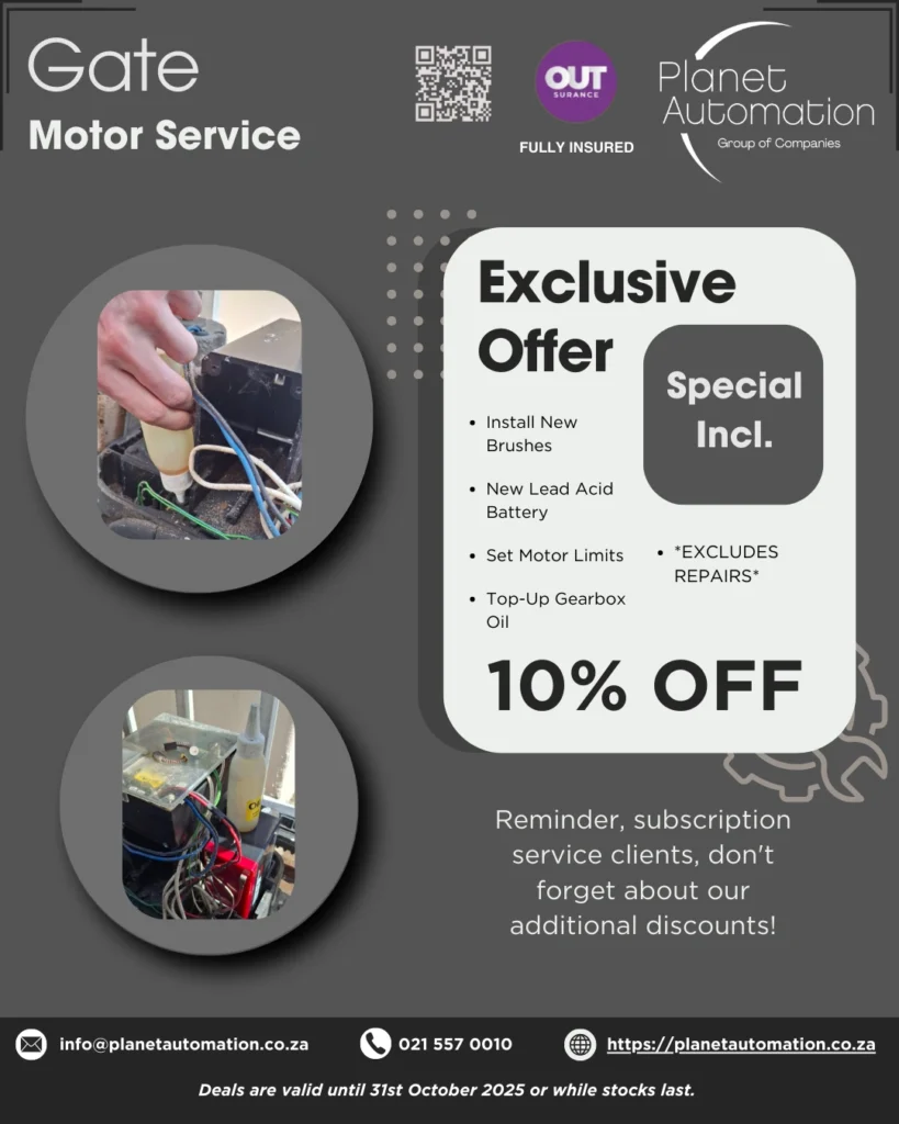 Technician servicing a gate motor with tools and diagnostic equipment, highlighting 10% discount offer