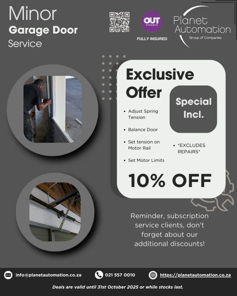 Technician performing minor garage door service with tools and checklist, promoting 10% discount offer.
